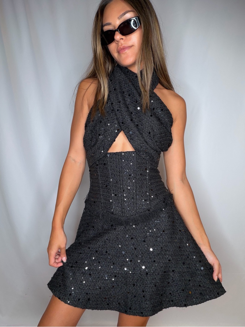 Crossover Black Tweed Fit & Flare mini Dress